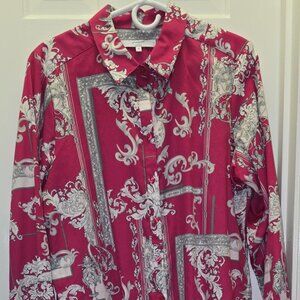 Foxcroft long sleeve blouse, pink/gray, size 14